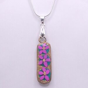 Pink Floral Polymer Clay Pendant‎ Necklace Boho Garden Art Jewelry Cottagecore